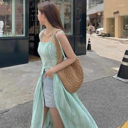 Casual Dresses Women's Summer Vintage Long Striped Spaghetti Strap Dress Square Collar Single Breasted Fit And Flare Sundress 2023