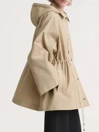 Women's Trench Coats 23 Autumn/Winter Hooded Drawstring Waisted Parker Ladies Coat Jacket Female For Women Streetwear