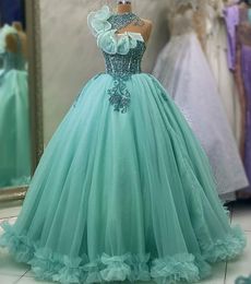 Ebi Lace Aso April Crystals Quinceanera Dresses Sheer Neck Ball Gown Prom Evening Party Pageant Birthday Gowns Dress Zj0234 s