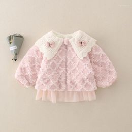 Down Coat Princess Style Baby Girls Padded Jacket Winter Lapel Lace Edge Children Plush With Bow Pink Cute Thick Kids Clothes