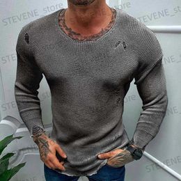 Men's Sweaters Men's Casual Tops Spring Summer Fashion Solid knit Long Sleeve Torn Sweater Male Tees 2023 Holiday Streetwear Chic Shirts T231121