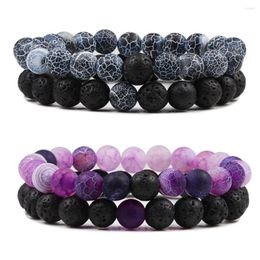 Strand Fashion 2pcs/Set Black Lava Bracelets Natural Weathered Stone Bangles Charm Bracelet For Women Men Yoga Jewellery Gift