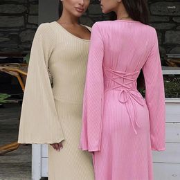 Casual Dresses Elegant Maxi Dress 2023 Fall Winter Women Clothes Long Flare Sleeve Lacing Up Back Lady Sexy Short Streetwear Vestidos