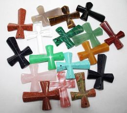 Pendant Necklaces Wholesale Crystal 12pcs Mixed Agates Natural Stone Cross Shape For Jewelry Making DIY Necklace 30x45mPendant