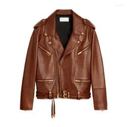 Women's Leather Genuine Jacket Autumn And Winter Sheep Metal Buckle Zipper Double Belt Long Sleeved Motorcycle