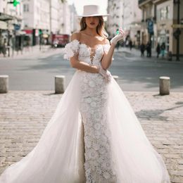 Amazing Mermaid Lace Wedding Dresses 3D Appliqued Beaded Bridal Gowns Off The Shoulder Deep V Neckline Sweep Train Vestido De Novia 415