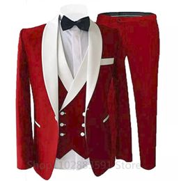 Men's Suits Blazers Red Splicing Mens 3 Pieces White Shawl Lapel Casual Tuxedos Men Blazer Vest Pants For Wedding Groomsmen 2023 231120