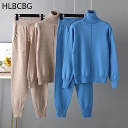 Womens Two Piece Pants 2piece womens knitted track suit turtle neck sweater carrot jogging pants drawstring set CHIC jacket 231120