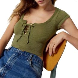 Women's T Shirts Scoop Neck Crop Tops Short Sleeve Cross Tie-up Front T-Shirts Solid Colour Summer