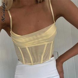 Women's Tank Top Mesh Corset Tops Streetwear Outfits Fashion Camisole Summer Clothes Sleeveless Vests Solid Color Crop Top Women P230421