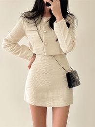 Two Piece Dress Korean Fashion Tweed 2 Two Piece Set Womens Outfits Autumn Long Sleeve Short Jacket A-line Mini Skirt Suits Vintage 230421