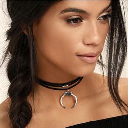 Choker Necklace Three Layers Black Color Pu Belt With Moon Oxford Pendant Silver Plated Square Cube Extended Metal Chain