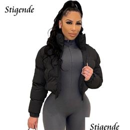 Mulheres Down Parkas Womens Stigende Algodão Acolchoado Casaco Womenwork Puffer Parka Outwear Cor Sólida Inverno Quente Zipper Crop Top Jack Dhbei