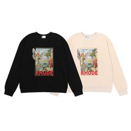 American 2022 Fashion Brand Rhude Oil Painting Angel Printing Pure Cotton Terry Men and Women's Same Round Neck Casual Sweater