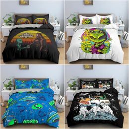 Bedding Sets 2/3Pcs Mysterious UFO Alien Set Luxury Bedclothes Cartoon Print Polyester Duvet Cover With Pillowcase For Bedroom Decor