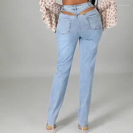 Women's Jeans Sexy Stretch With Cut Out Back Light Blue Women Skinny Trousers Denim Pants