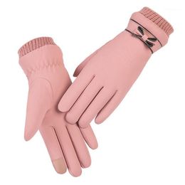 Five Fingers Gloves Winter For Women Windproof Plush Thick Warm Mitts Lady Touch Screen Soft PU Glove Female Outdoor Cycling Ski