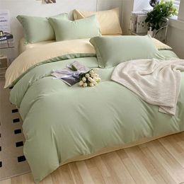 Bedding Sets Four-piece Brushed Washed Cotton Green Bed Set Flat Sheet Pillowcase Quilt Cover Linen Flower Duvet Covers