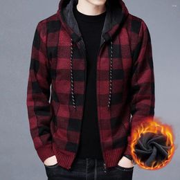 Men's Sweaters Cardigan Knitted Jcoat Stylish Plaid Print Hooded Jacket Warm Casual Coat With Zipper Closure Drawstring For Fall