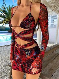 Women Fashion Printed Slim Short Dress Sexy Halter Hollow Out Long Sleeve Backless Mini Dresses Summer Vacation Beach Vestidos