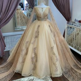 Champagne Shiny Ball Gown Quinceanera Dress Tulle Appliques Lace Beads Off Shoulder With Cape Sweet 15 16 Birthday Party Formal