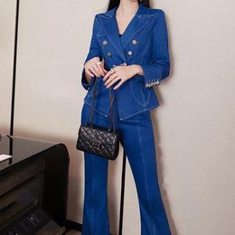 Women's Two Piece Pants Professional Fashion Blue Jeans Denim Suit Set Office Lady Wear Flare