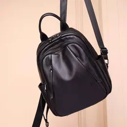 School Bags Top Genuine Cow Leather Women's Backpacks Bag Classic Black Multi-pocket Small Shoulder Backpack Commute Girls