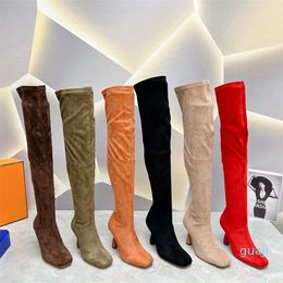 Suede Knee High Boots Women Round Toe Thin Heel Chelsea Boots Sexy Luxury Slim Fashion Week Long Boots stretch suede goatskin halo Boot