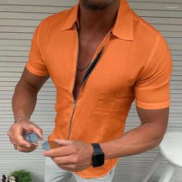 Men's Casual Shirts Summer Mens Solid Color Zippered Short Sleeved Shirt Slim Fitting Lapel Cardigan Top For Men