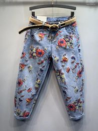 Women's Jeans Women 2023 Oversized Harem Pants Light Blue Loose Denim Ankle Length Flower Print Casual Trousers