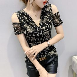 Women's T Shirts #7349 Letters Mesh Shirt Women Short Sleeves V Neck Sexy Tight Casual Vintage Printed Off Shoulder Thin Summer Tops