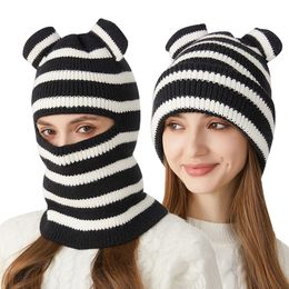 Winter Crochet Hole Ski Mask Hood Scarf Beanie Hat Cap with Horn Striped One-piece Knitted Full Face Balaclava Slouchy Beanie Hat for Womens Mens Skiing Cycling