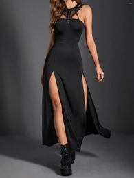 Casual Dresses Goth Dark Cyber Gothic Techwear High Split Midi Y2k Punk Fishnet Splice Sexy Slim Dress Women Grunge Streetwear Outfits