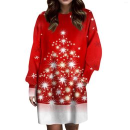 Casual Dresses Ladies Dress 2023 Autumn Fashion Christmas Theme Print Round Neck Long Sleeve Pockets Loose Elegant For Women