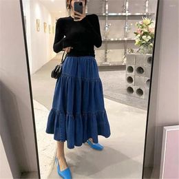 Skirts Plus Size 5xl Loose Long Stitching Cake Pleated Skirt Women Autumn Blue Denim Korean Fashion Simple Vintage