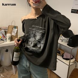 Women's T-Shirt Karrram Women Vintage Print T-shirt Fairy Grunge Autumn Long Sleeved Cool Girl Rock Strapless Tees Loose Harajuku Tops 230421