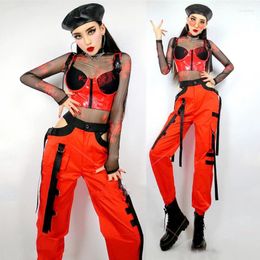 Stage Wear Nightclub Bar Gogo Dancer Outfit Red Leather Vest Pants Mesh Bodysuit Sexy Dj Costume Women Party Rave Dance Clothes DNV15926