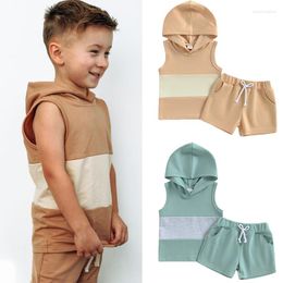 Clothing Sets FOCUSNORM 0-3Y Infant Baby Boys Summer Clothes Striped Patchwork Hooded Sleeveless Tank Tops Solid Shorts 2Pcs Suit