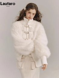 Women's Fur Faux Lautaro Winter Loose Soft Thick Warm White Wool Blends Patchwork Coat Women Luxury Designer Hairy Fluffy Jacket 2023 231120