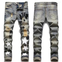 Men's Jeans Trend Men High Quality Jean Letter Star Embroidery Patchwork Ripped Brand Motorcycle Pant Mens Skinny