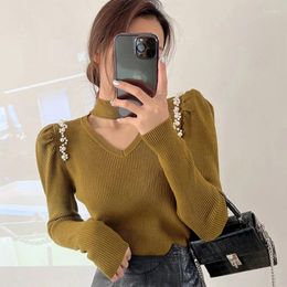 Women's Sweaters Fashion Solid Color Hollow Out Beading Clothing 2023 Autumn Winter Slim All-match Pullovers Puff Sleeve Tops