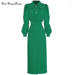 Work Dresses Red RoosaRosee Turn-down Collar Long Lantern Sleeve Blouse Midi Split Green Skirt Twinset Boho Suits 2023 Spring Summer Sets