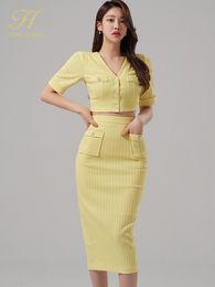 Two Piece Dress H Han Queen Summer Womens 2 Pieces Suits Short Crop Top Casual Fashion Sheath Bodycon Pencil Skirt Work Set 230421