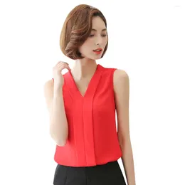 Women's Blouses Chiffon Women Summer Sleeveless Tank Top V-Neck White Shirt Female Elegant Solid Color Office Lady Chic Blouse