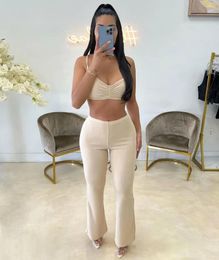 Women's Two Piece Pants Summer Cotton-like Chopsticks Strip Fabric Sexy Casual Solid Colour Strap Tube Top Two-Piece Girl Suit