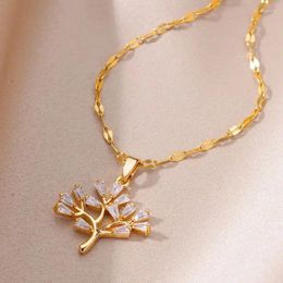 Pendant Necklaces Zircon Coral Tree Of Life Stainless Steel For Women Gold Plated Choker Luxury Aesthetic Jewelry Accessories