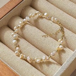 Charm Bracelets ALLME 2023 Knitted Baroque Freshwater Pearl Beaded For Women 14K Gold Plated Brass Strand Bracelet