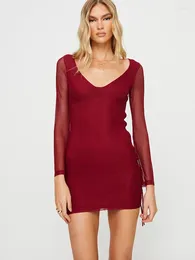 Casual Dresses Burgundy Long-sleeved Mini Dress Women's Stylish Sexy Slim V-neck Party Vintage