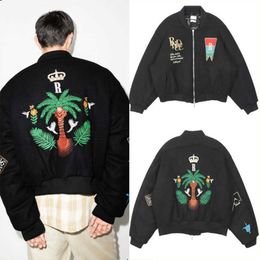 Designer Clothing Casual Coats Rhude Embroidered Floral Letter Woolen Jacket Jacket High Street Men's Women's Loose Zippered Baseball Jacket Outerwear windbreaker