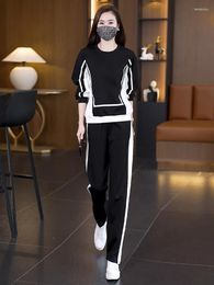 Women's Two Piece Pants Autumn Winter Two-piece Set For Women 2023 Stripe Sweatshirt Tops And Wide Leg Pant Large Size Female Thick Black